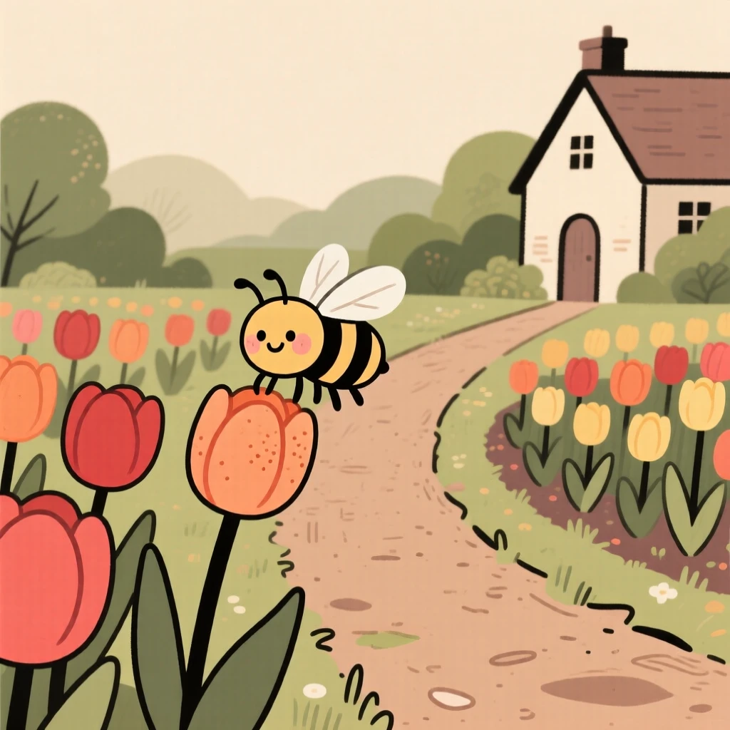 A winding path leads through a cottage garden bursting with tulips in neat rows, where a honeybee pauses among the blooms.