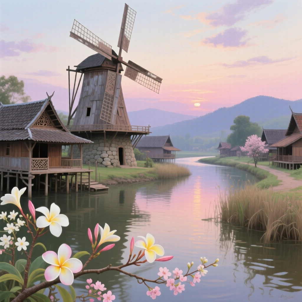 A panoramic view of an old windmill turning slowly against a pastel evening sky, in a Thai river village, as spring blossoms open.