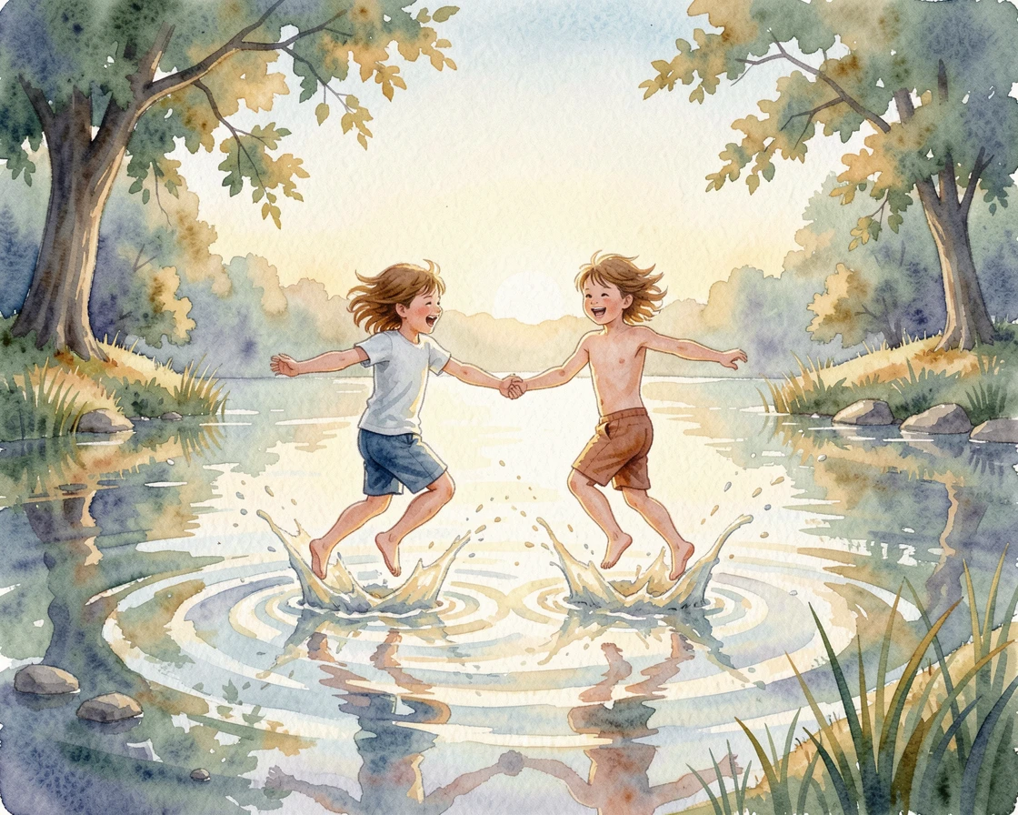 Siblings jumping into a lake on a hot summer day as golden light bathes the scene.