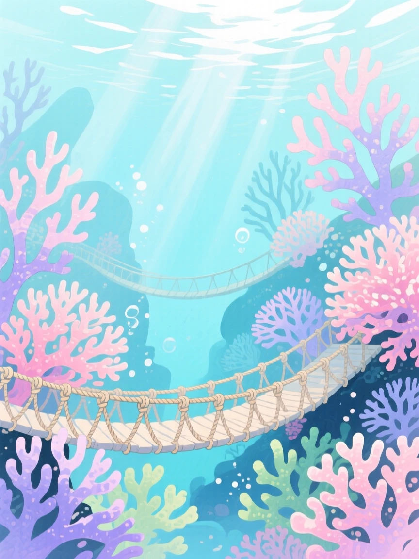 A dreamlike scene of an underwater coral kingdom, connected by delicate rope bridges, inviting quiet wonder and imagination