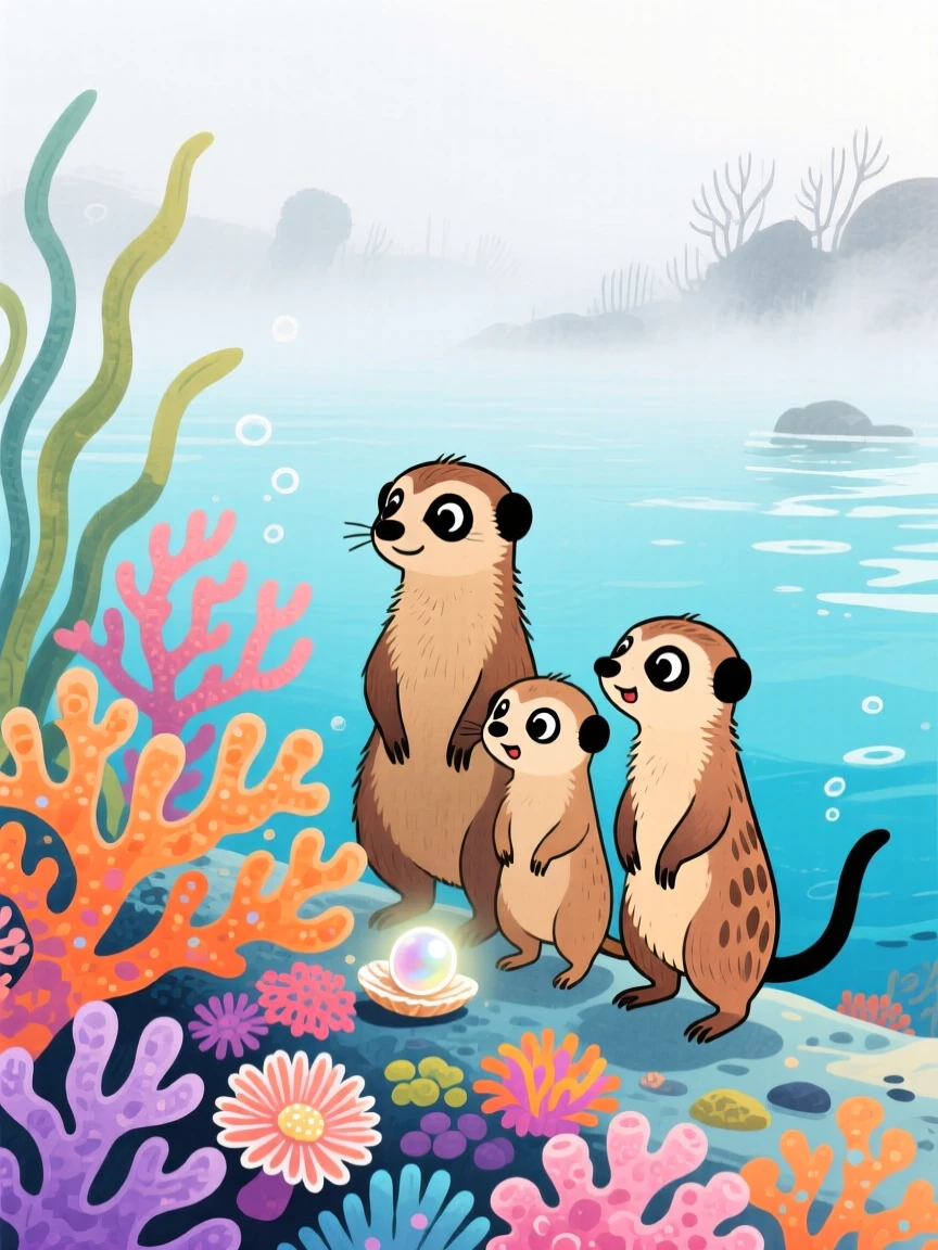 A family of meerkats discovering something new in a coral reef on a foggy morning.