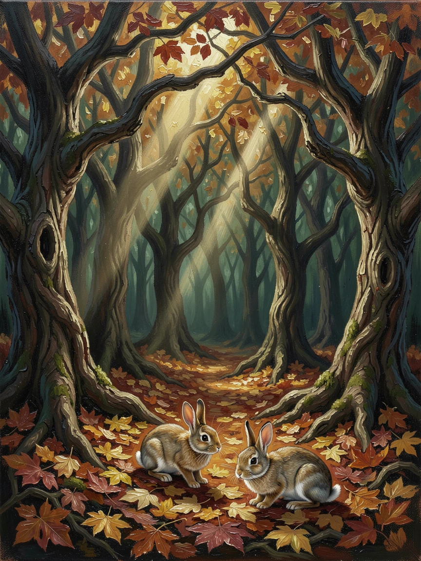 A dark, fairy-tale forest with twisted, gnarled trees, a family of rabbits grazing at the forest's edge, where shafts of light break through the dense canopy, in deep autumn, leaves turning shades of amber and crimson.