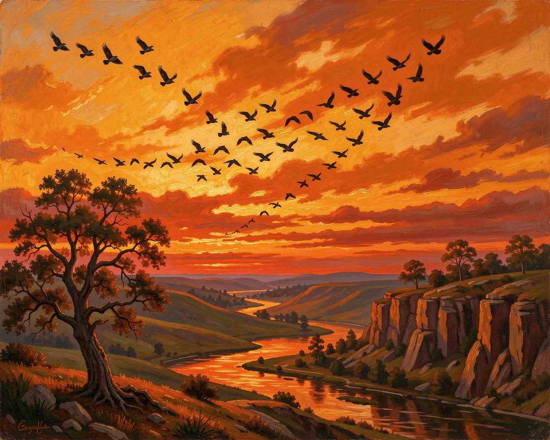 A flock of birds crosses a brilliant orange sky at dusk.