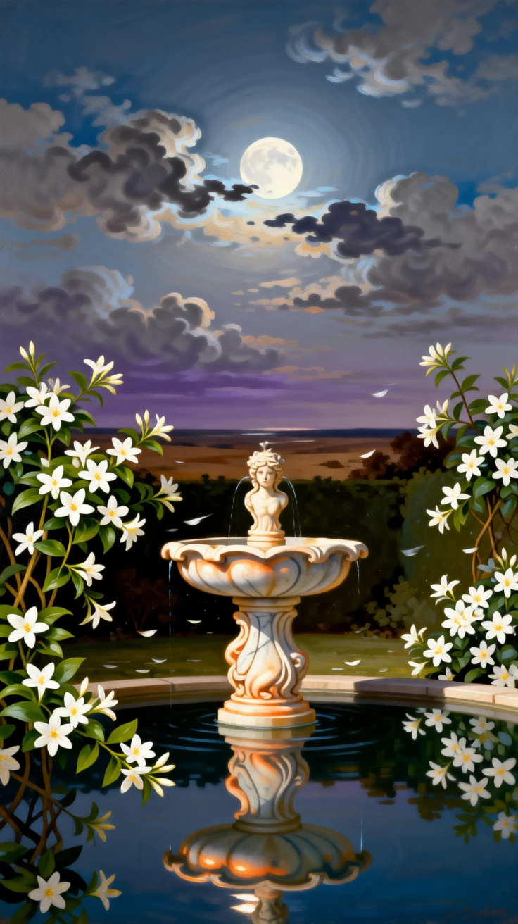 A moonlit garden with a marble fountain and blooming night jasmine alive with the quiet motion of wind and water, set beneath an expansive and ever-changing sky, with clouds mirrored perfectly in still, glassy water; a low horizon line gives dramatic weight to an expansive sky, evoking peace, wonder, and quiet renewal.