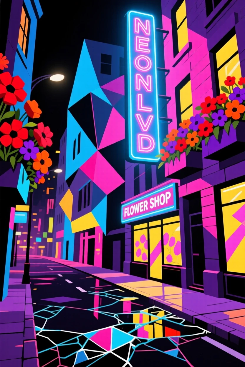 A vibrant scene of a neon-lit downtown street lined with flower boxes overflowing with blooms.