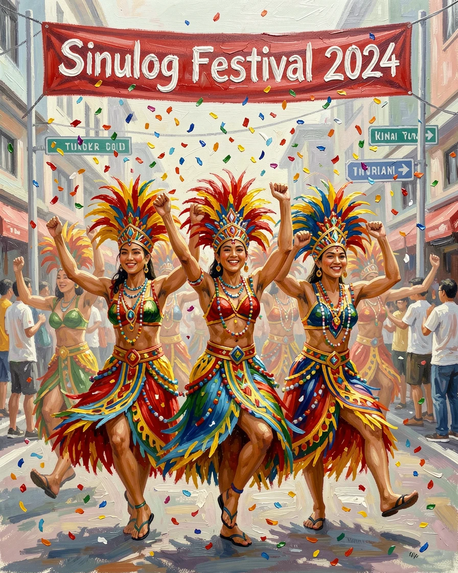 A traditional Filipino Sinulog festival shows dancers in vibrant tribal costumes performing rhythmic street dances beneath swirling confetti, the atmosphere charged with music, movement, and a shared sense of celebration.