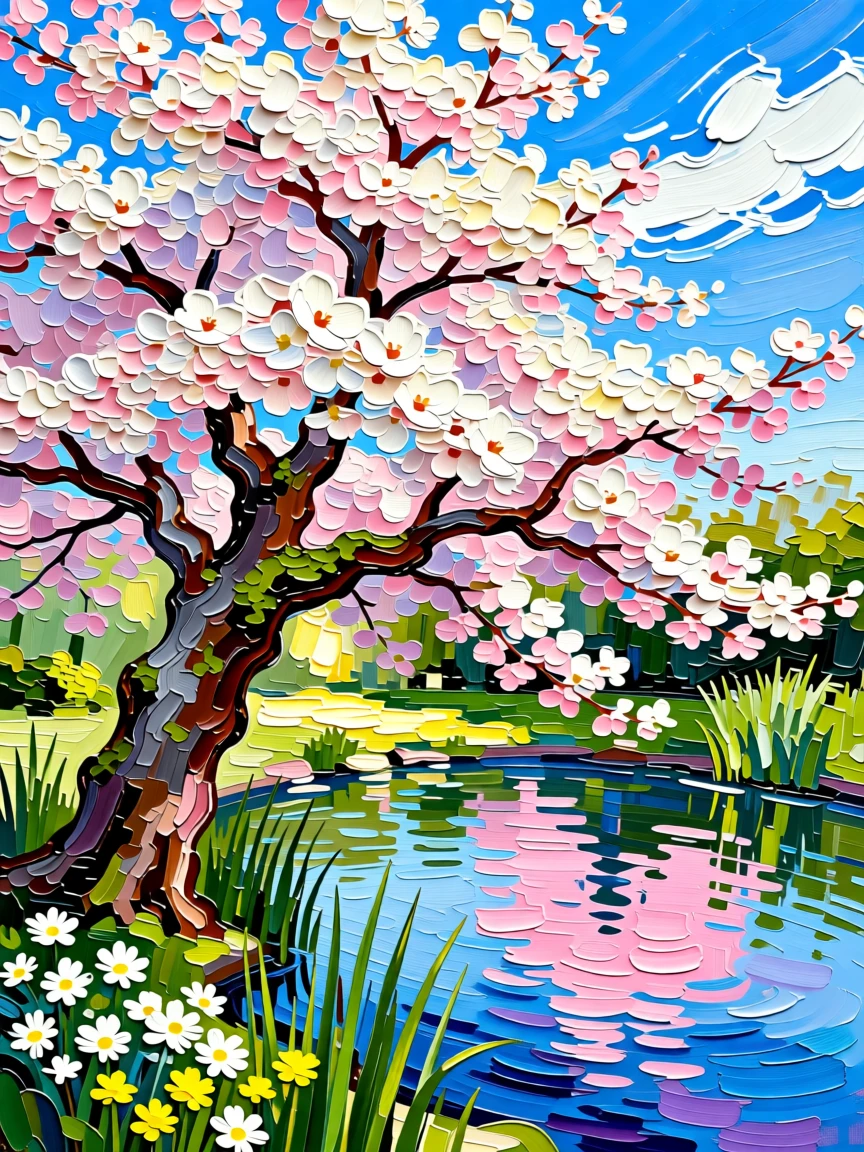 A cherry blossom tree in full bloom standing alone beside a tranquil garden pond