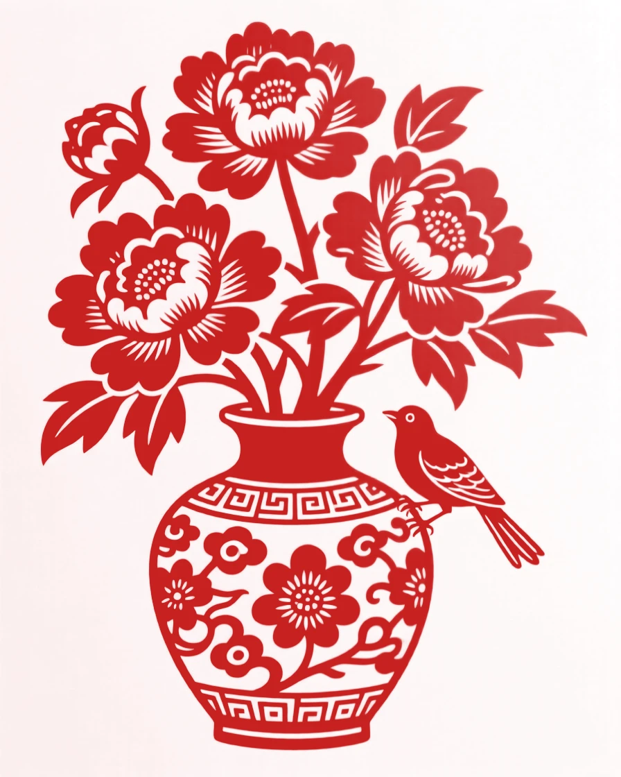 A cluster of peonies arranged in an antique porcelain vase, with a small bird perched nearby.