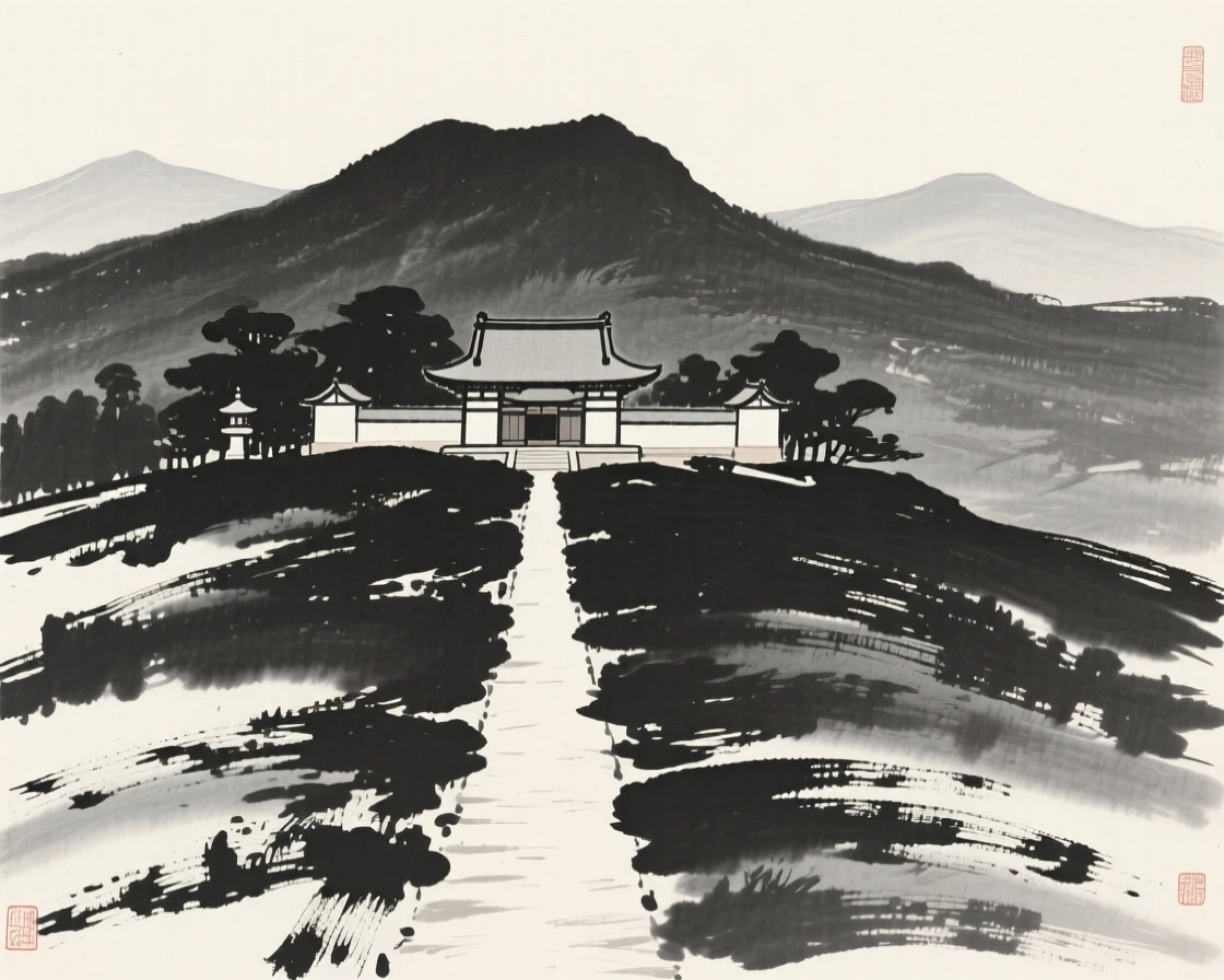A hillside monastery against a backdrop of distant mountains, framed symmetrically along a central path, conveying quiet reverence for the past.