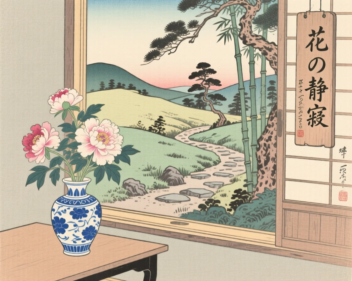 A vase of blooming peonies set beside a quiet garden window.