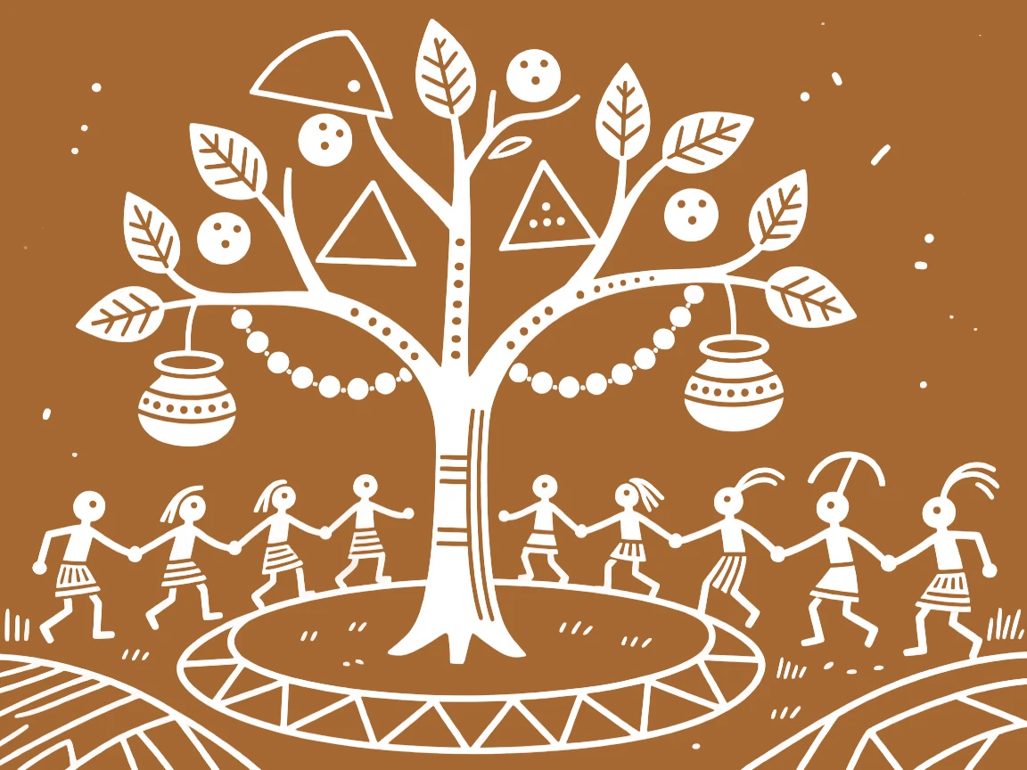 A composition centered on a tree of life decorated with garlands and ceremonial pots.