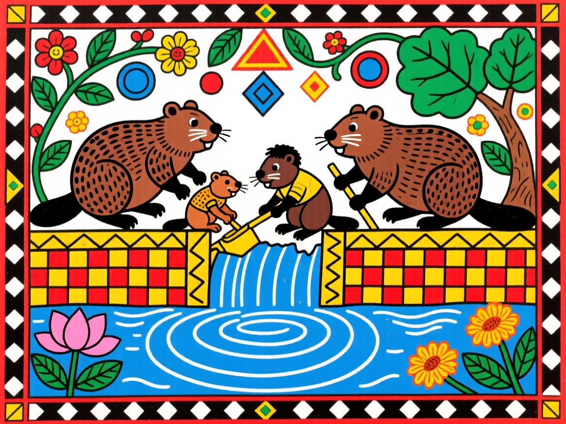 A family of beavers working together to repair their dam.