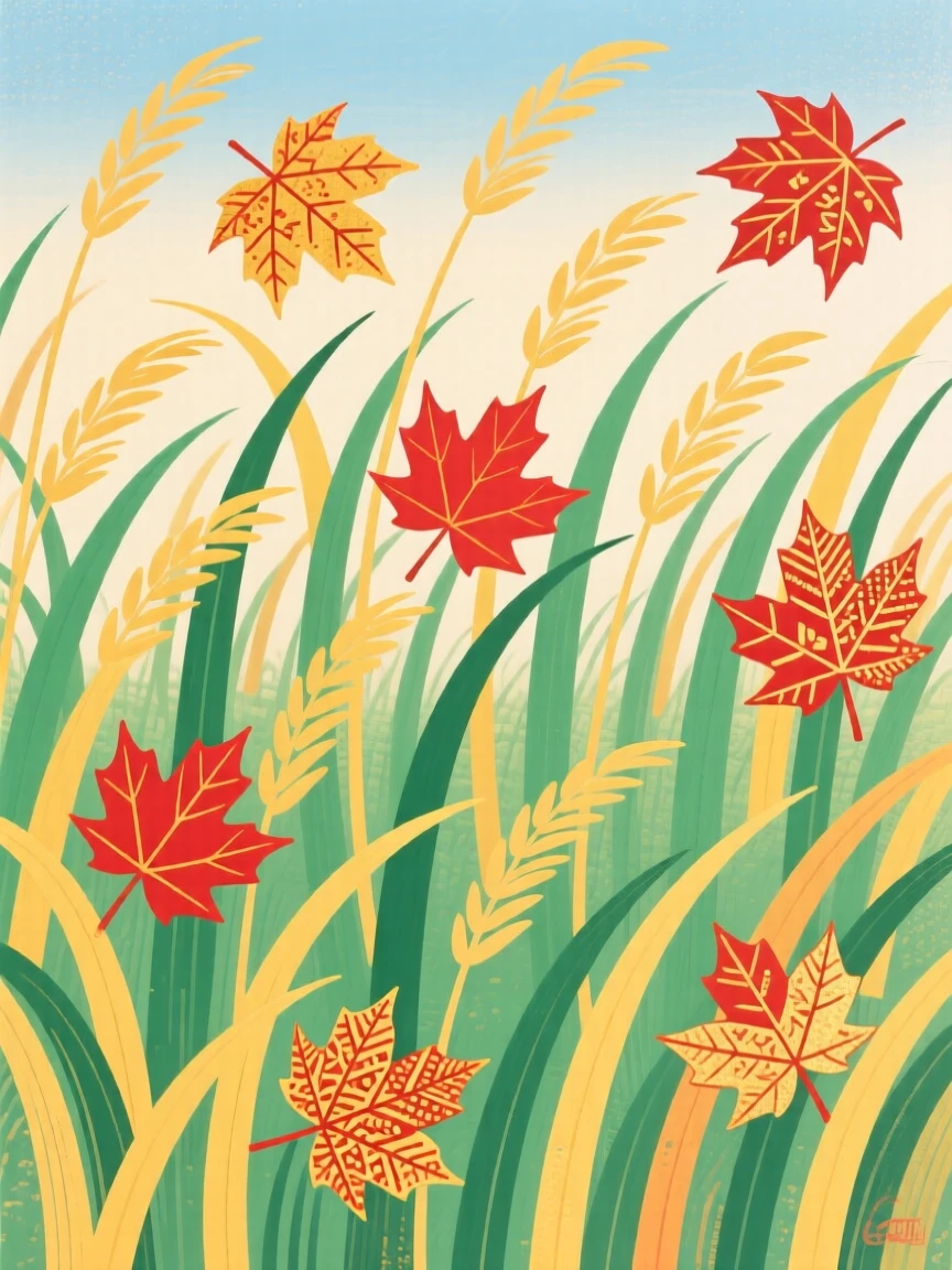 A field of tall grass, as red and gold leaves fall gently to the ground.