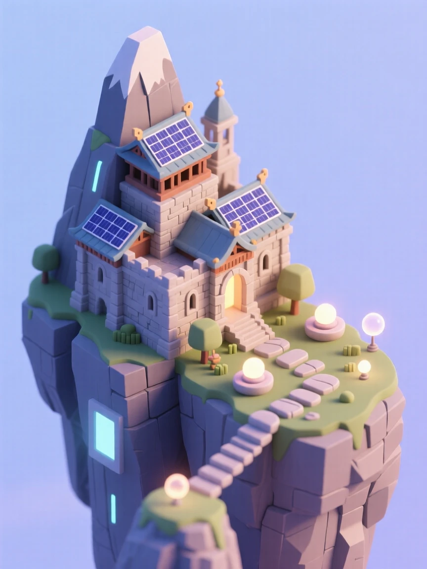 A futuristic mountain monastery with solar panels lining ancient stone walls beside a glowing meditation garden.