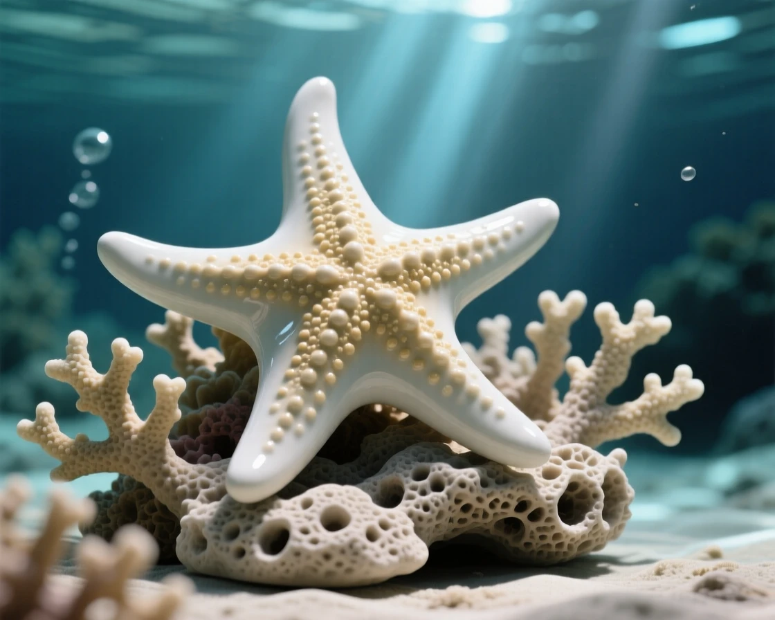 A starfish resting on a bed of coral suspended in a shaft of filtered sunlight, with light rippling across its skin, capturing a fleeting moment of underwater grace.