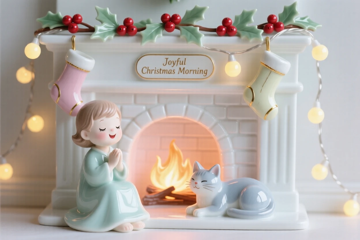 A joyful Christmas morning by the fireplace scene, softly glowing from strings of light.