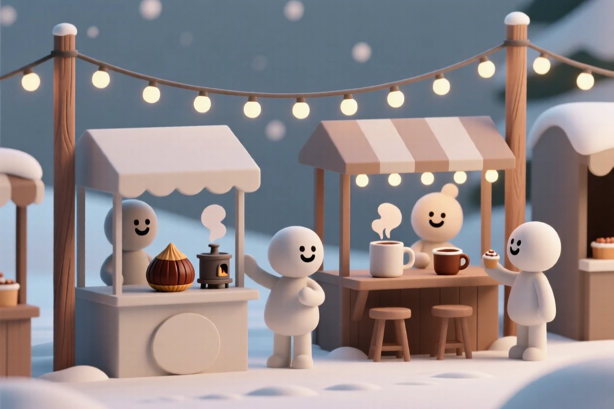 A festive winter market bustles with vendors selling roasted chestnuts and steaming mugs of cocoa beneath string lights.