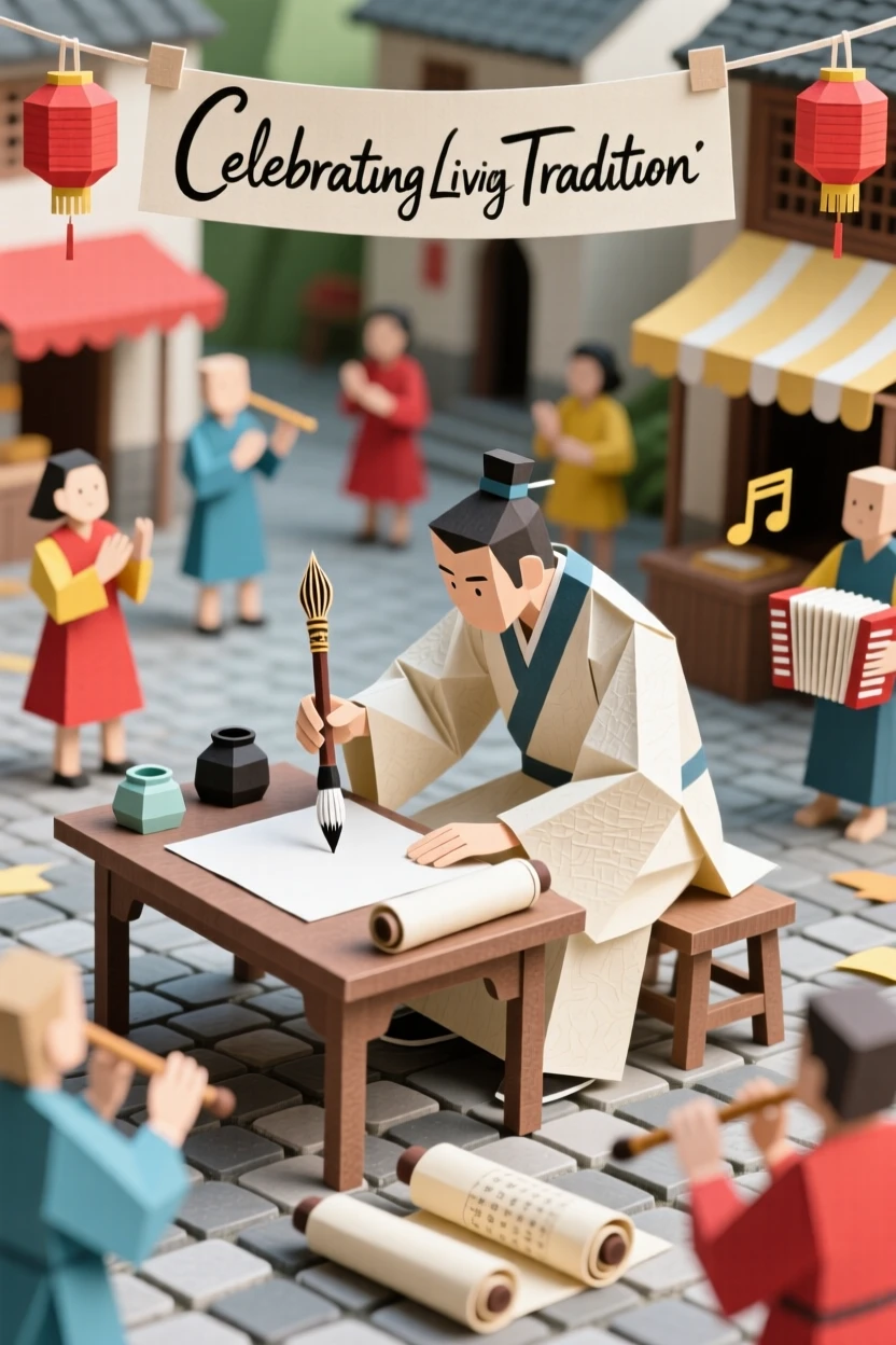 A skilled calligrapher at work celebrated in a lively village square, with rhythmic music filling the air, capturing vibrant, living tradition.