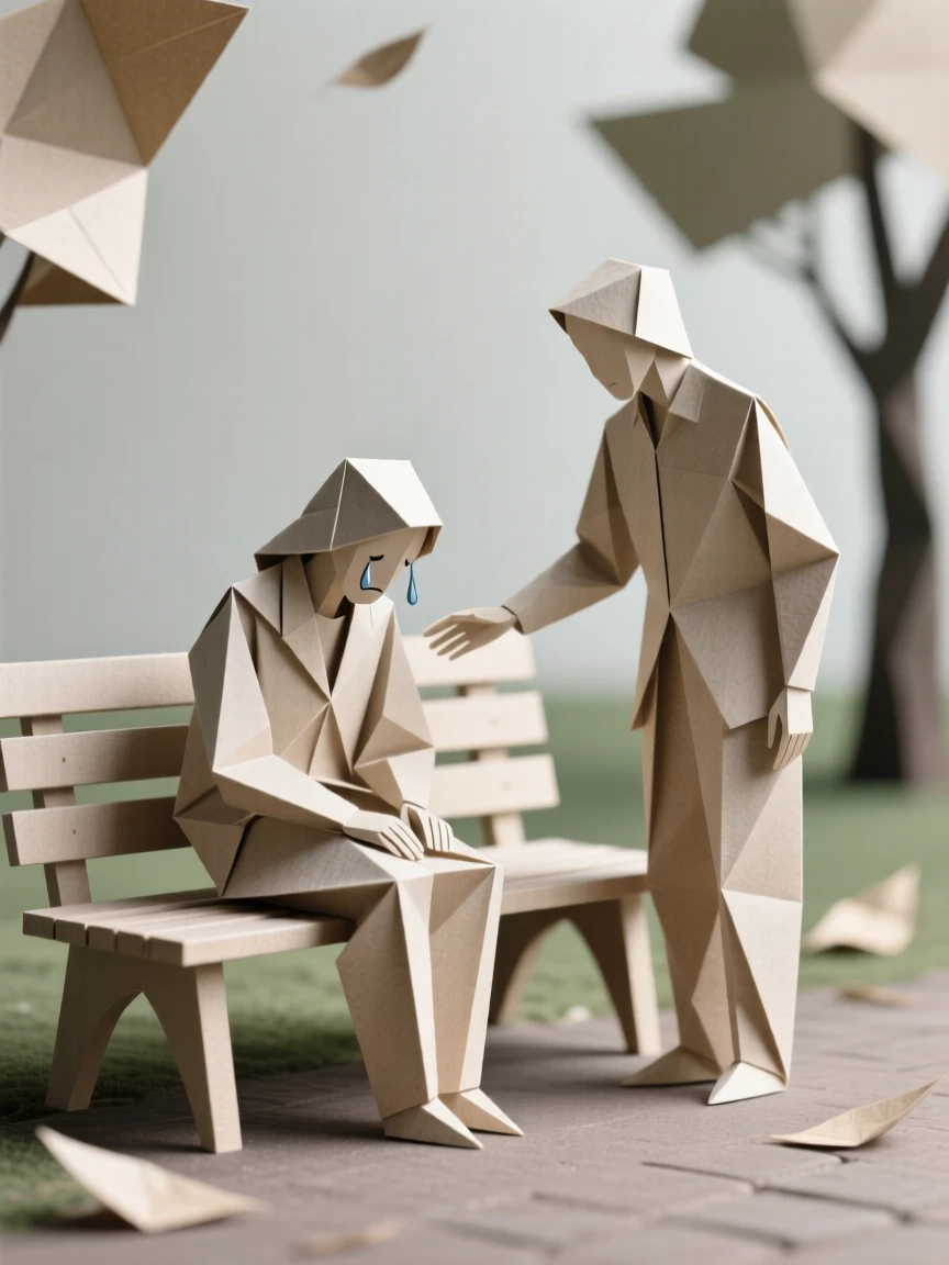 A stranger comforting someone crying alone on a park bench with a kind word.