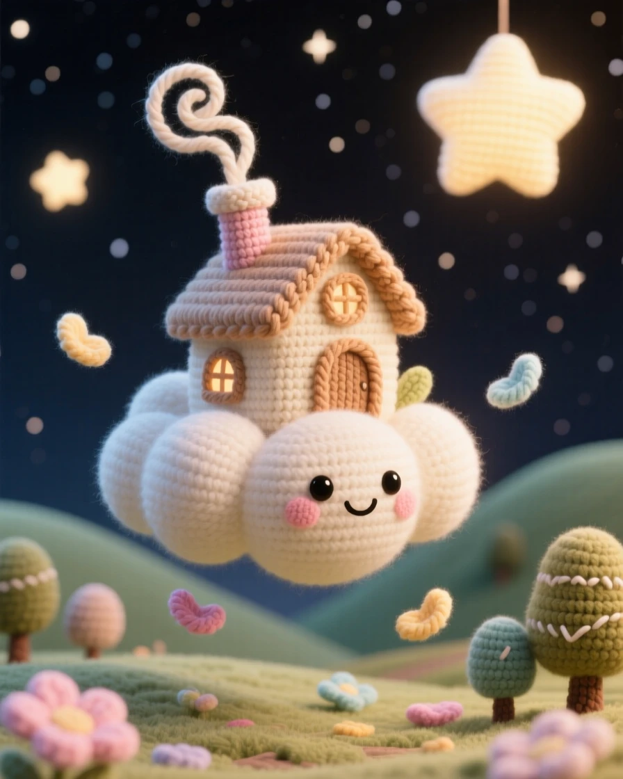An imaginative scene of a small floating cottage carried by a friendly cloud with smoke curling from its chimney, drifting above a quiet countryside drifting through a sky scattered with stars; a trail of soft floating petals nearby, full of a dreamlike, storybook charm.