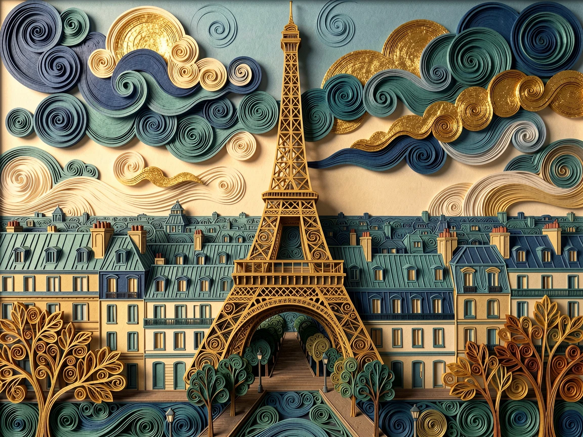 A breathtaking view of the Eiffel Tower rising above a sea of Parisian rooftops beneath dramatic clouds catching the last light of day, in a rich palette of blue, teal, and gold, captured with warm foreground details leading to the horizon.