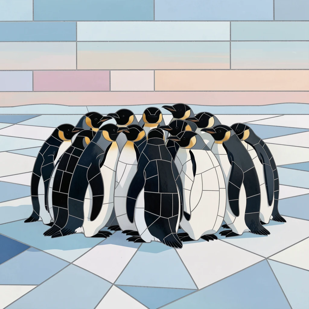 A group of emperor penguins huddled together on antarctic ice, captured in soft natural light with a shallow depth of field.