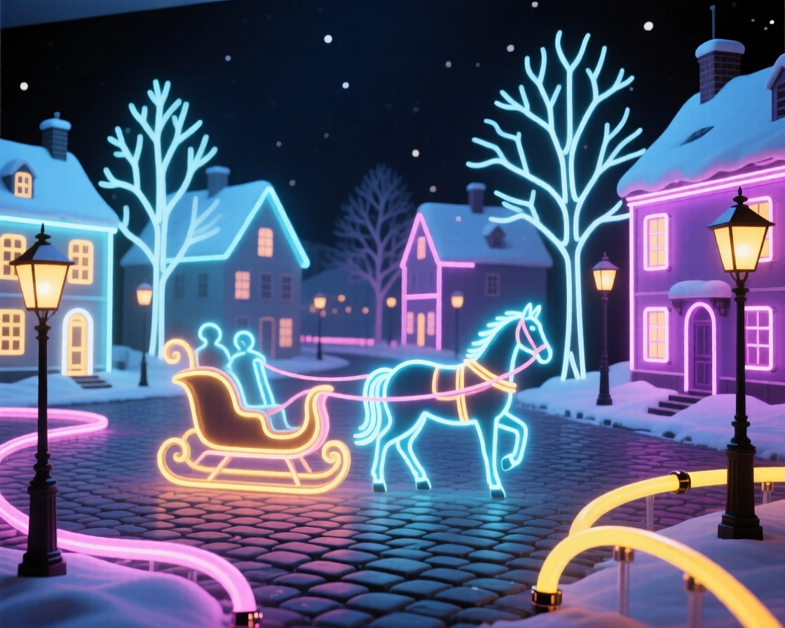A winter village square with a horse-drawn sleigh passing through.