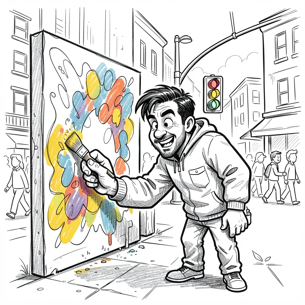 A painter touching up a colorful mural at a busy street crossing.