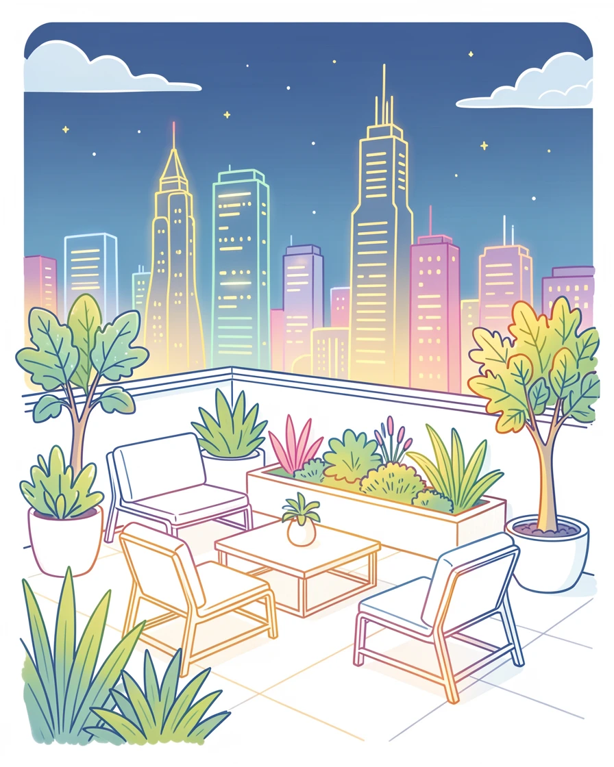 A modern rooftop garden overlooking a glowing city skyline at night.