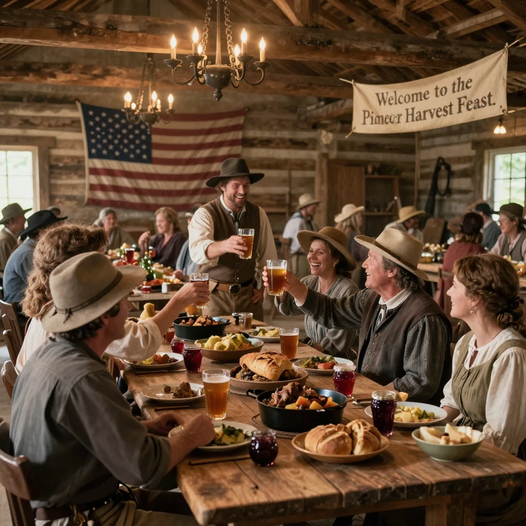 A team of pioneer settlers gathering in a great hall for a feast