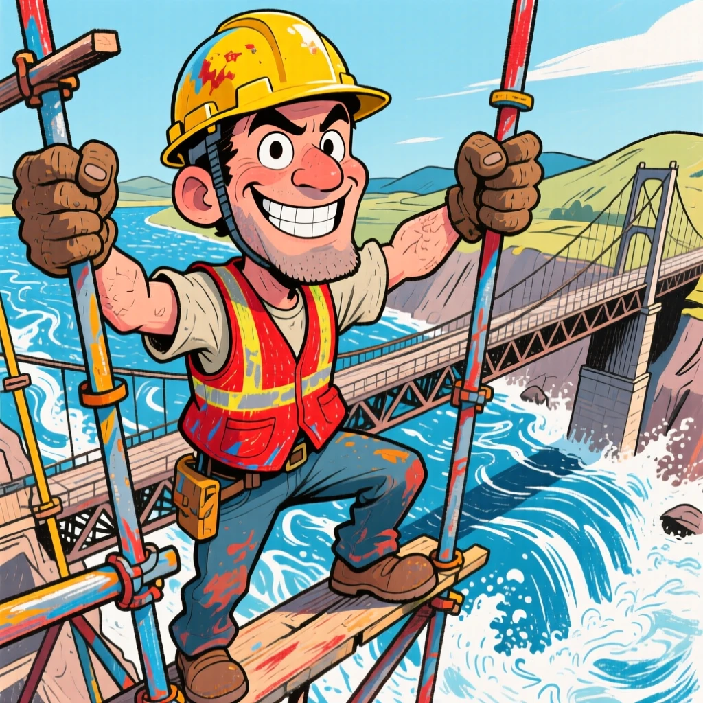 A daring bridge builder standing atop scaffolding high above a rushing river.