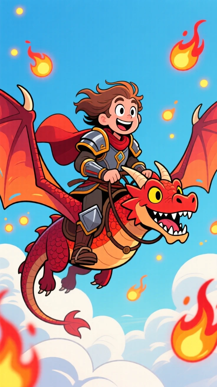 An imaginative fantasy scene of a daring dragon rider soaring above the clouds on the back of a magnificent dragon, surrounded by drifting glowing embers.