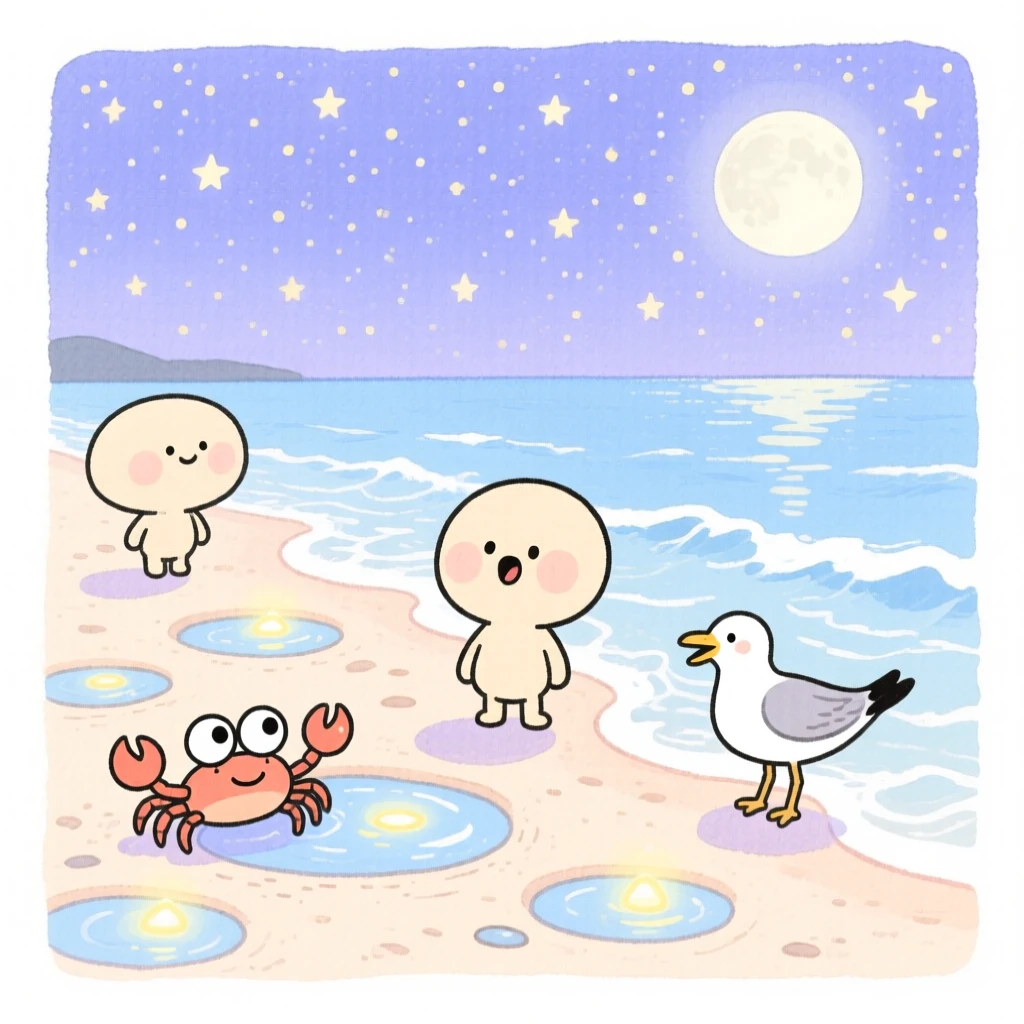 A serene landscape of a moonlit beach with gentle waves and glowing tide pools under a blanket of stars