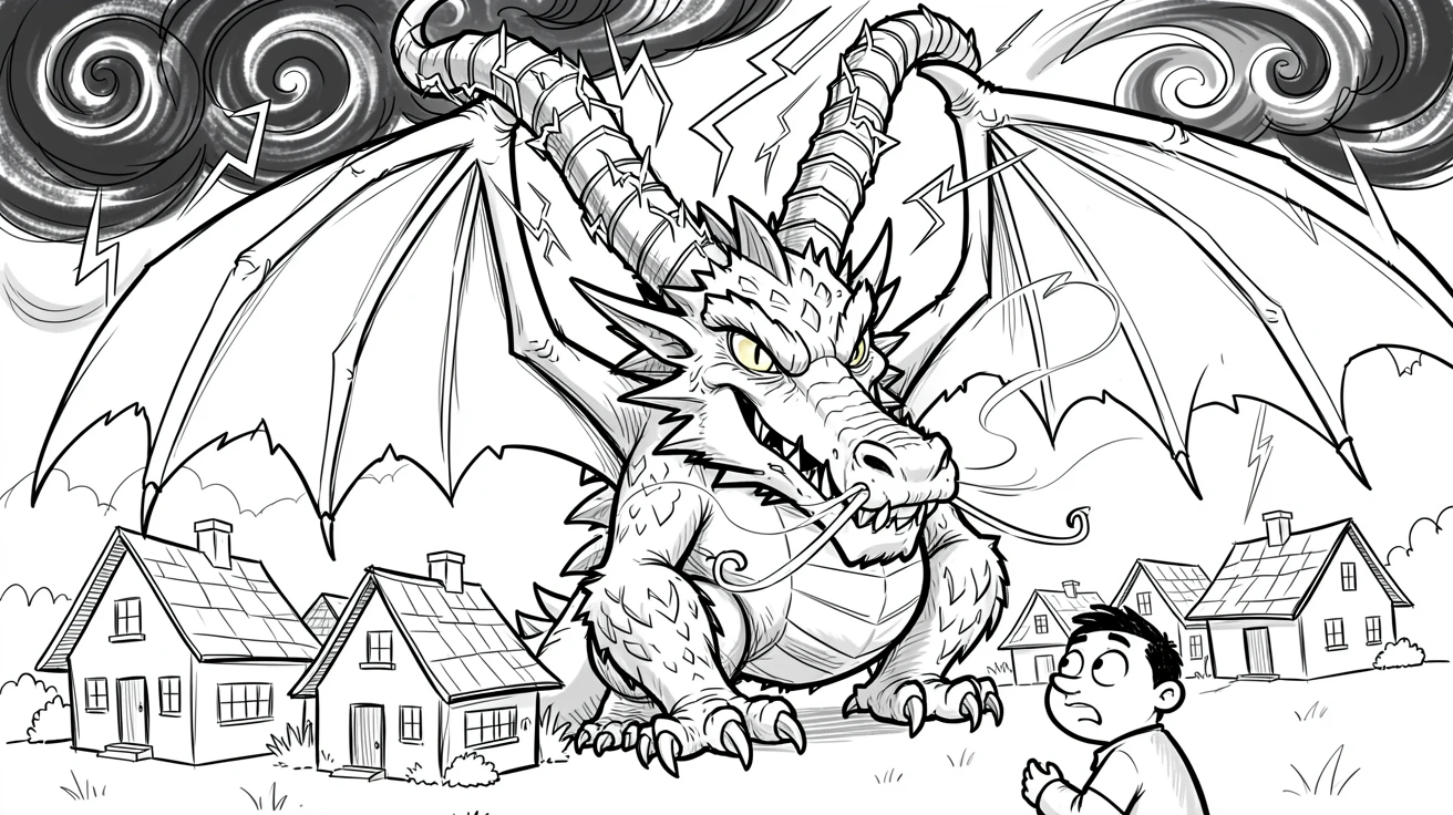 [Fantasy & Imaginative Scenarios] Imaginative fantasy scene of a mystical storm dragon protecting a village from an approaching storm, brimming with wonder