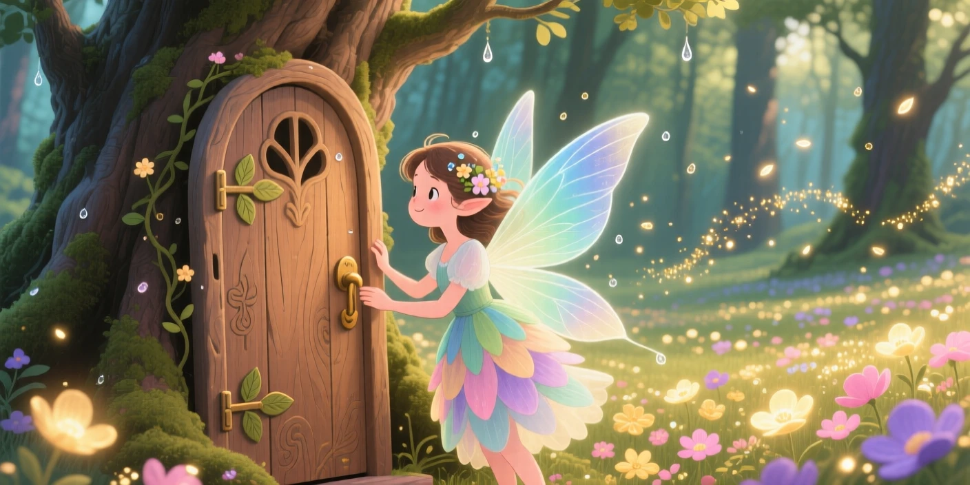 A gentle forest fairy pauses from opening a door hidden inside a tree trunk to marvel at a field of luminous flowers, as sparkling magic dust drifts through the air.