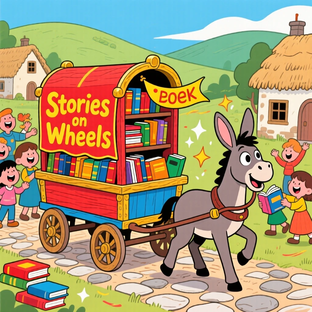 A traveling book cart bringing stories to a remote village.