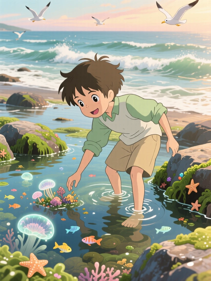 A boy exploring a tide pool with a curious expression, the moment carefree and joyful.