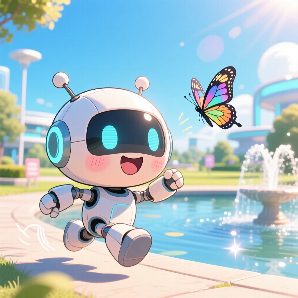 Close-up portrait: a tiny robot companion, beeping happily while chasing a butterfly, set against a sunlit futuristic park under a clear summer sky, with shimmering reflected light off water and a mood of giggling amusement.