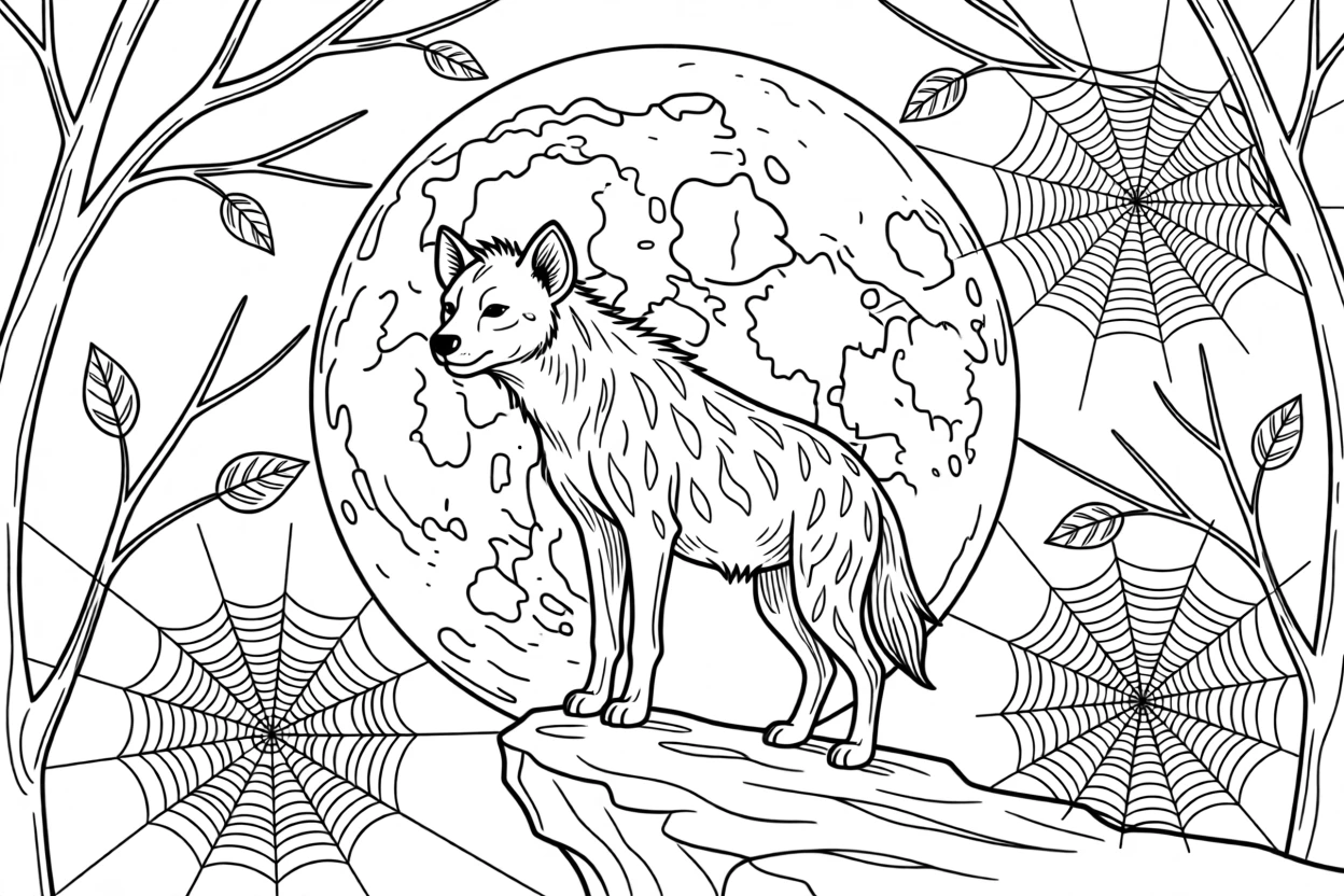 A hyena silhouetted against a full moon, with delicate spider webs strung between branches.