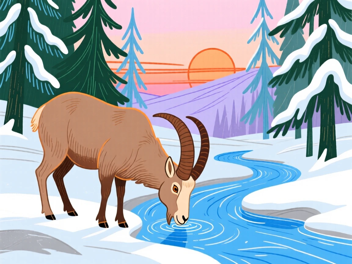 A mountain goat drinking from a stream in a snowy pine forest at sunset.