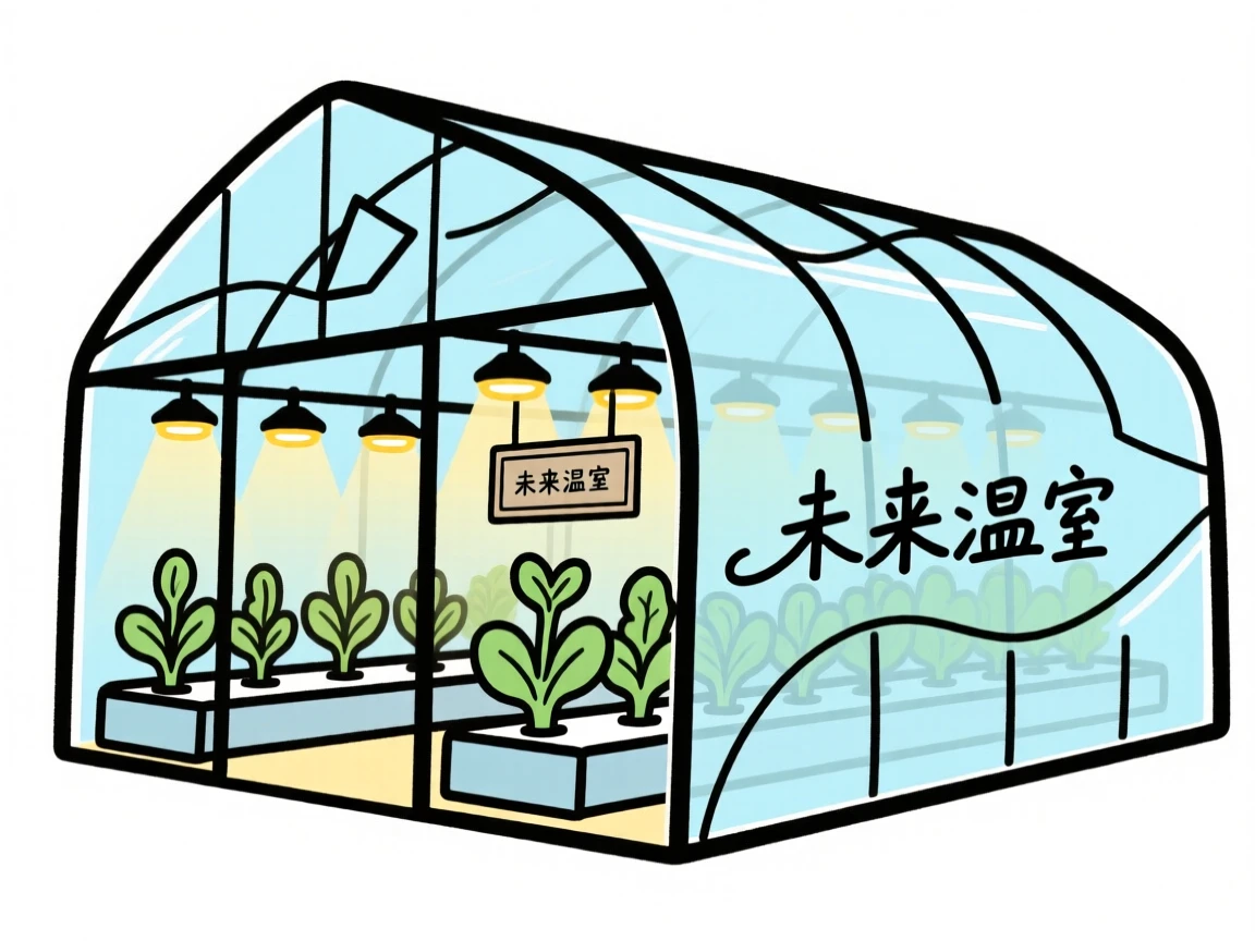 A futuristic greenhouse growing crops under artificial grow lights.
