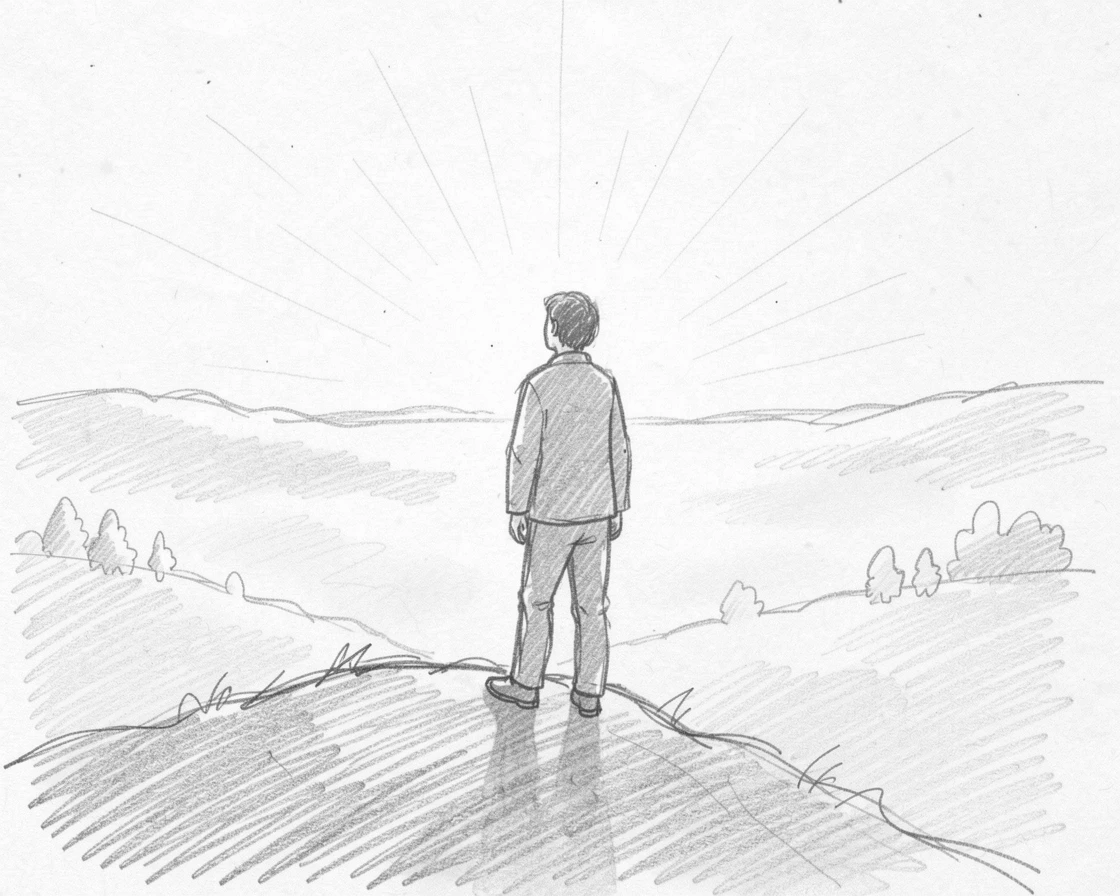A person watching the sunrise from a hilltop, amid gentle morning mist, evoking deep calm and clarity.