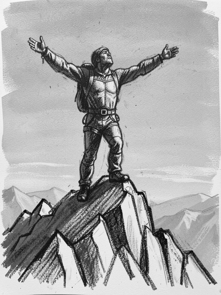 A lone climber reaching the summit at sunrise, arms outstretched, under a clear blue midday sky.