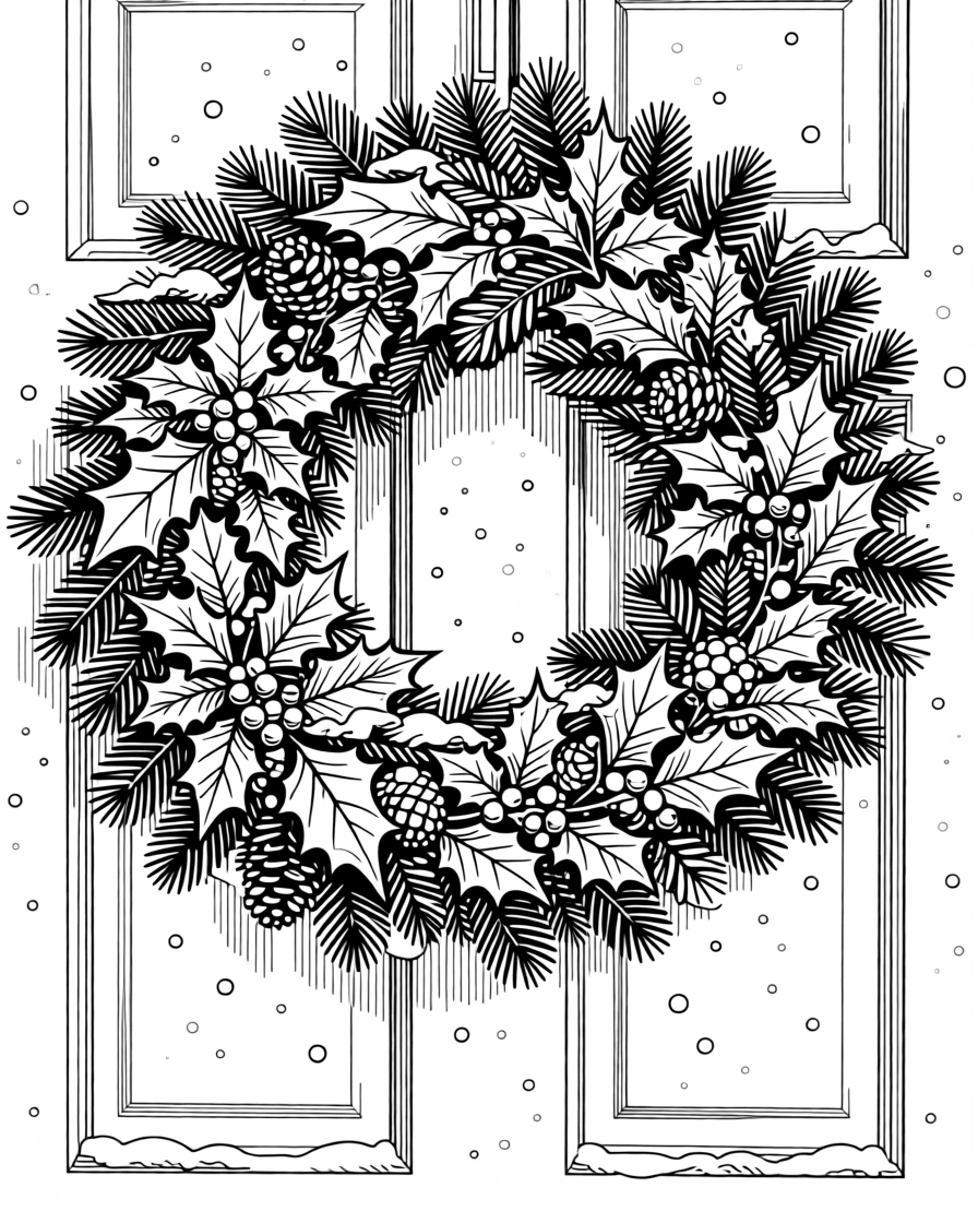 A beautifully arranged holiday wreath hanging on a snow-dusted front door.