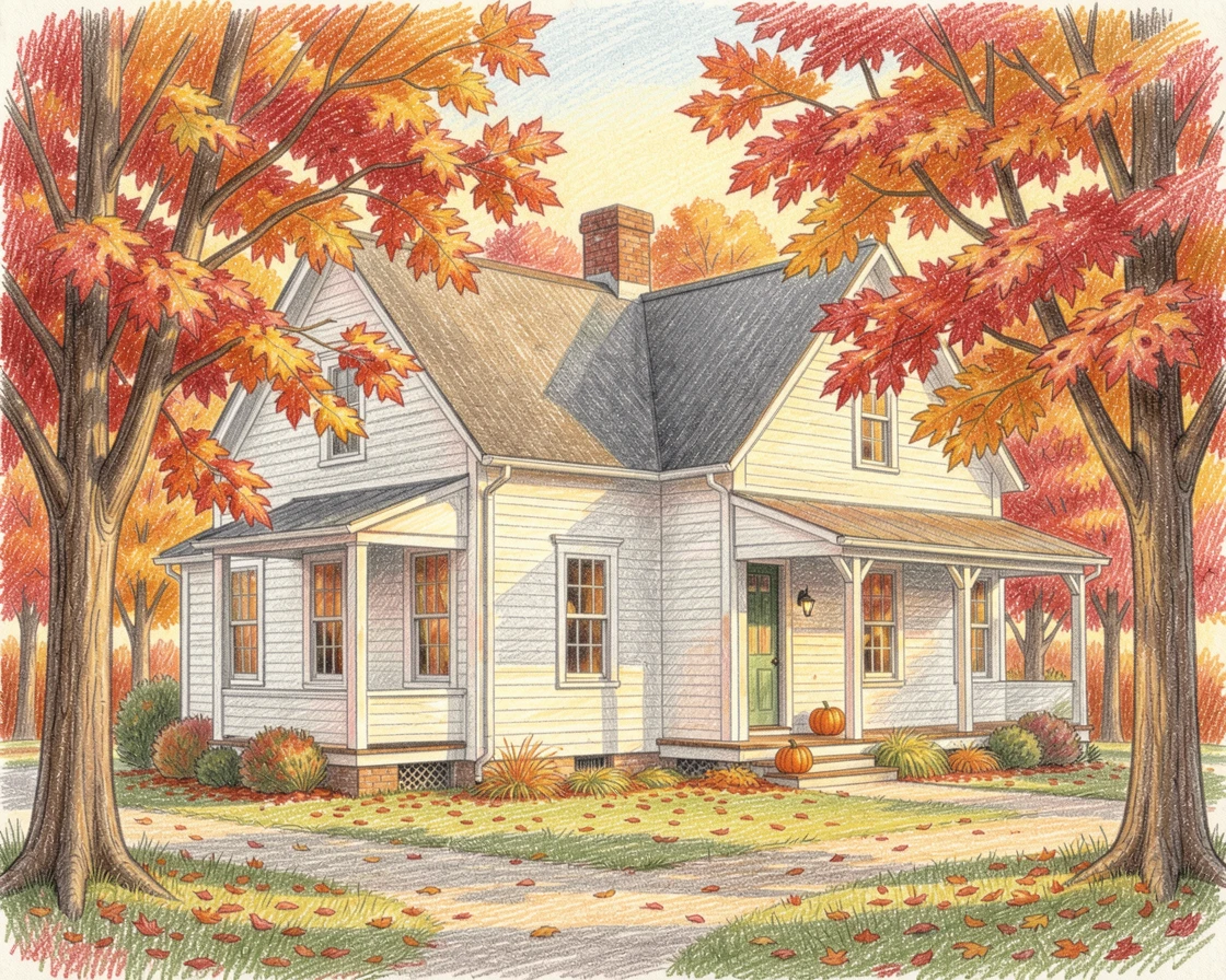 A Vermont farmhouse surrounded by blazing autumn maple trees, bathed in the warm glow of golden-hour light, radiating comfort, joy, and quiet beauty.