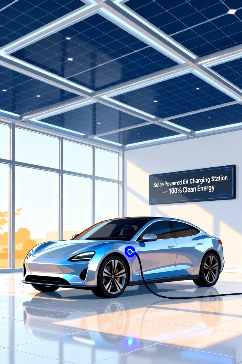 A futuristic electric car charging under a canopy of solar panels, set within a bright, sunlit contemporary room, composed with a friendly, approachable sense of innovation, with sleek metallic textures catching soft light.