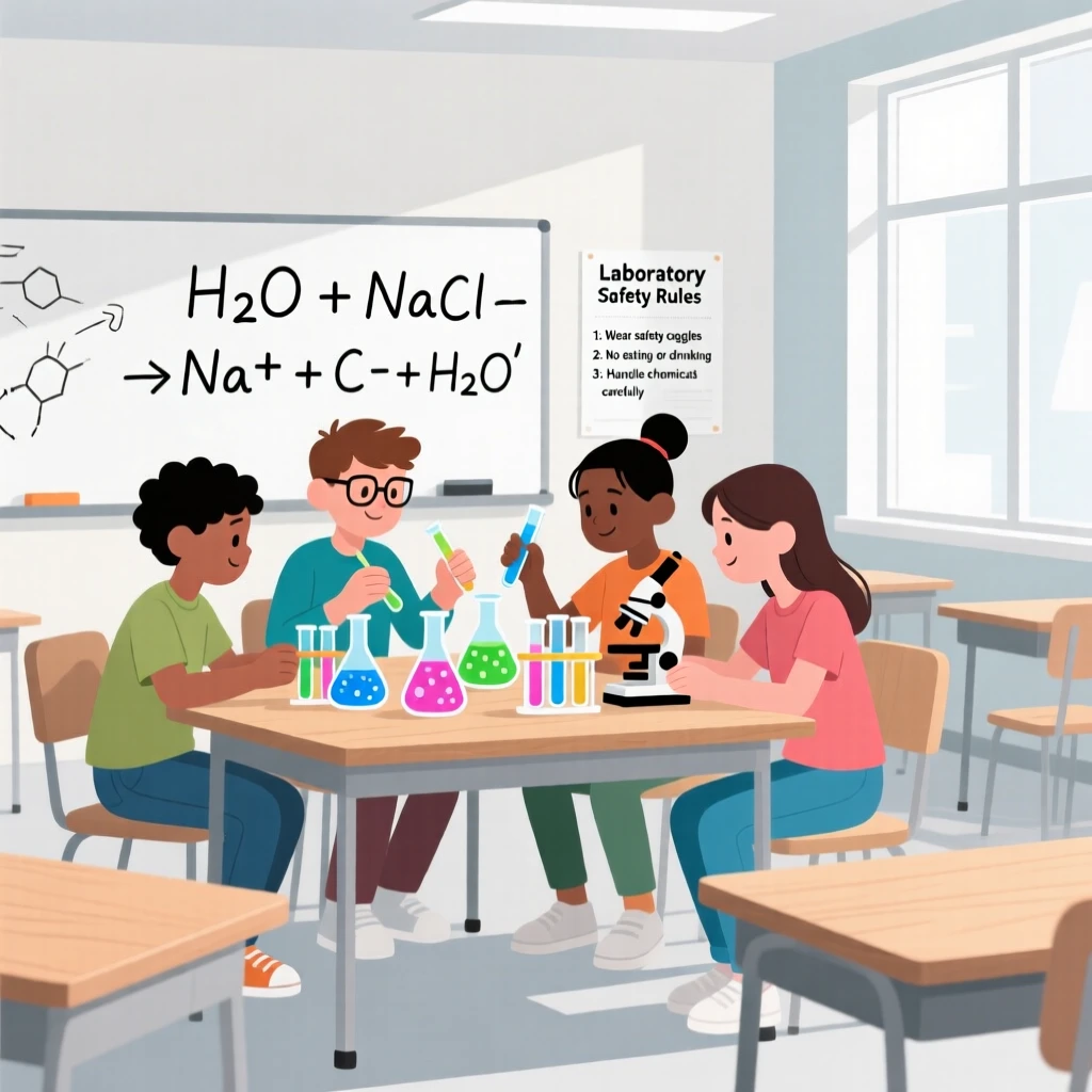 A group of students conducting an experiment in a bright classroom.