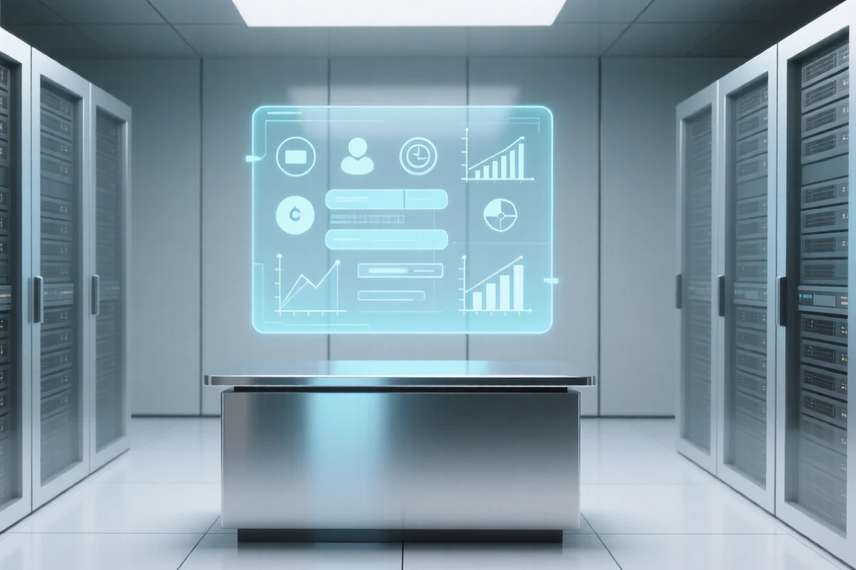A view of holographic display in use operating within a quiet data center, near sleek metallic surfaces, evoking inventive curiosity.