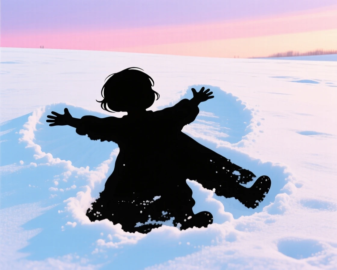 A child's snow angel freshly pressed into an untouched field of white.