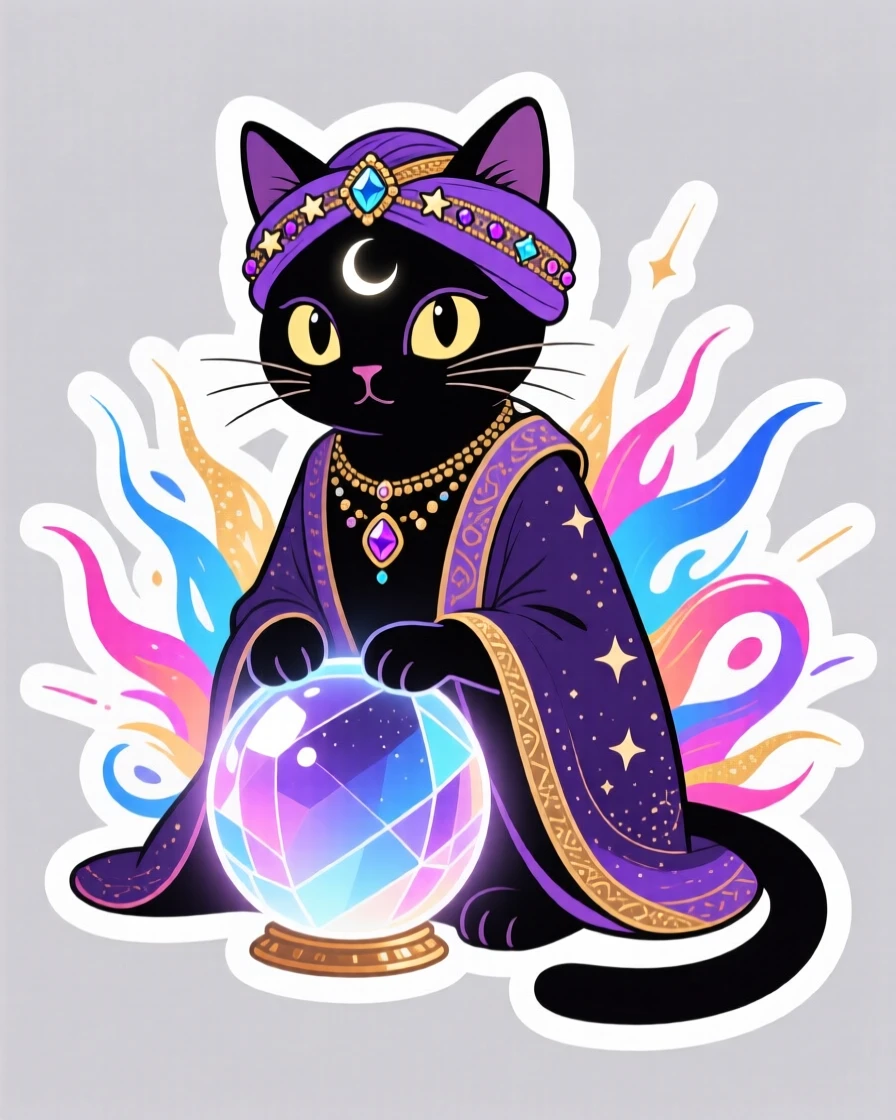A wildly imaginative mystical fortune-teller cat with a crystal ball, framed by a burst of colorful energy, in an epic imaginary universe.
